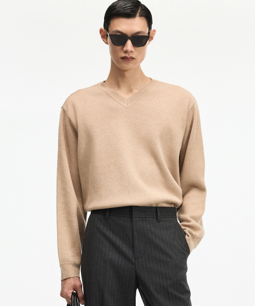 Cashmere Blended V-Neck Knit Top (Beige) TNSW6F114I2