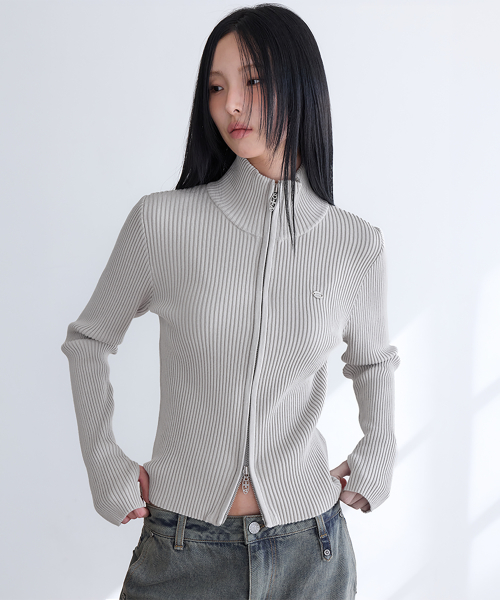 Essential Slim High Neck Knit Zip-Up, GREIGE