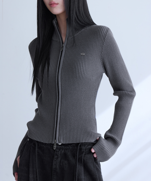 Essential Slim High Neck Knit Zip-Up, CHARCOAL