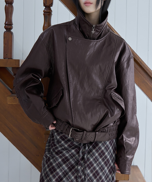 Belted Oversized Leather Jacket, BROWN