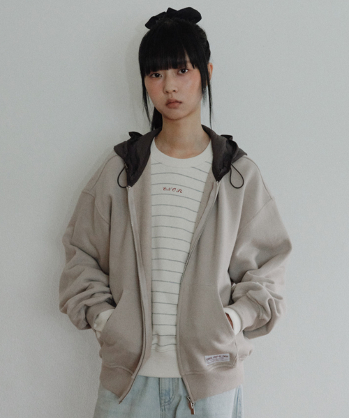 [CORE] OVERSIZED TWO-TONE ZIP-UP HOODIE - BEIGE