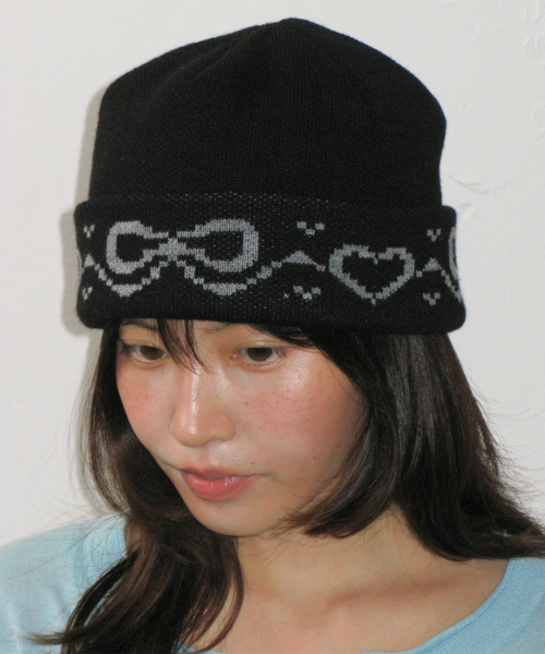 RIBBON JACQUARD BEANIE BLACK
