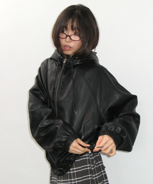 VEGAN LEATHER LOGO HOODIE ZIP UP BLACK