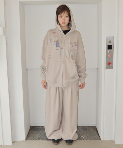 KIDS CAT DOODLE HOODIE ZIP UP ASH GREY
