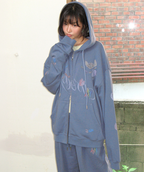 KIDS CAT DOODLE HOODIE ZIP UP DUSTY BLUE