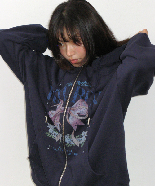 VINTAGE DOUBLE RIBBON HOODIE ZIP UP NAVY