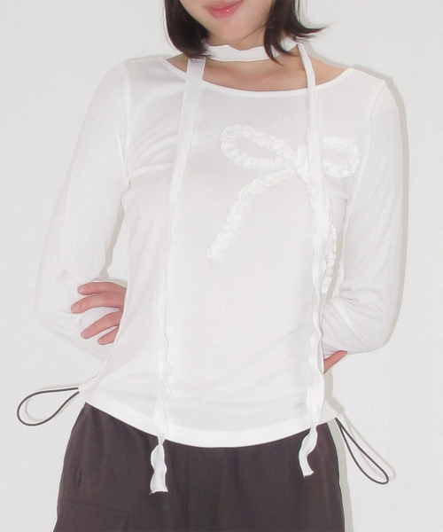 PETIT SCARF SET RIBBON SHIRRING LONG SLEEVE WHITE