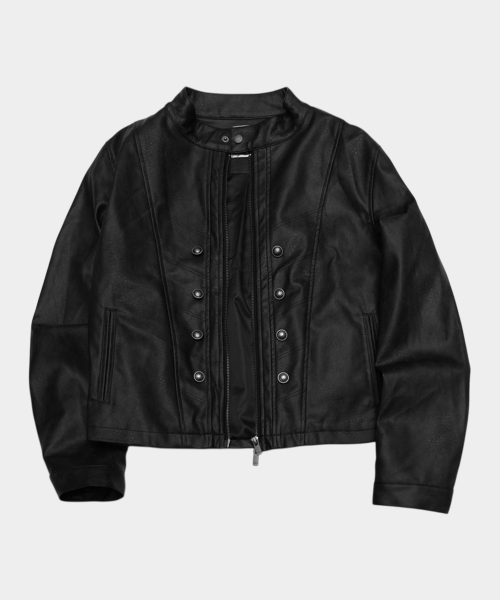 Napoleon Double-Button Cut-Line Semi-Oversized Racing Leather Zip-Up Jacket [Black]