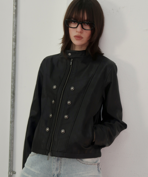 Napoleon Double-Button Cut-Line Semi-Oversized Racing Leather Zip-Up Jacket [Black]