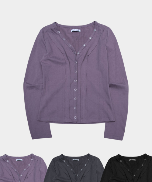 Eyelet Snap Button Detail Vneck Semi-Crop Long Sleeve Cardigans Jacket_3COLOR