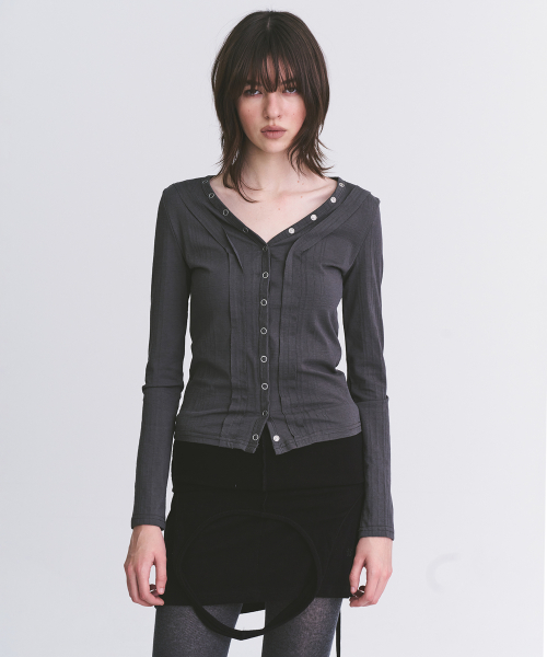 Eyelet Snap Button Detail Vneck Semi-Crop Long Sleeve Cardigans Jacket_3COLOR