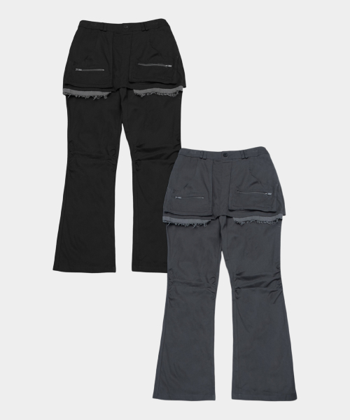 Pocket Zipper Detail Layered Mini Skirts Pintuck Bootcut Pants Set_2COLOR
