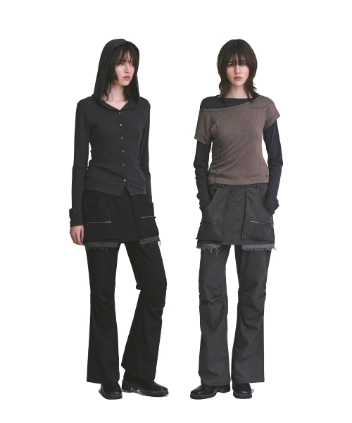 Pocket Zipper Detail Layered Mini Skirts Pintuck Bootcut Pants Set_2COLOR