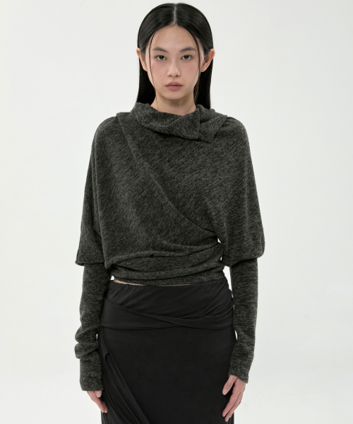 Knit Asymmetrical Long Sleeve (FL-193_Charcoal Melange)