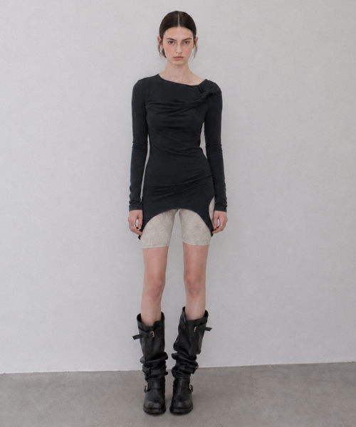 Cut-Out Hole Twist Detail Round-Neck Long-Sleeve Midi Layered One Piece_3COLOR