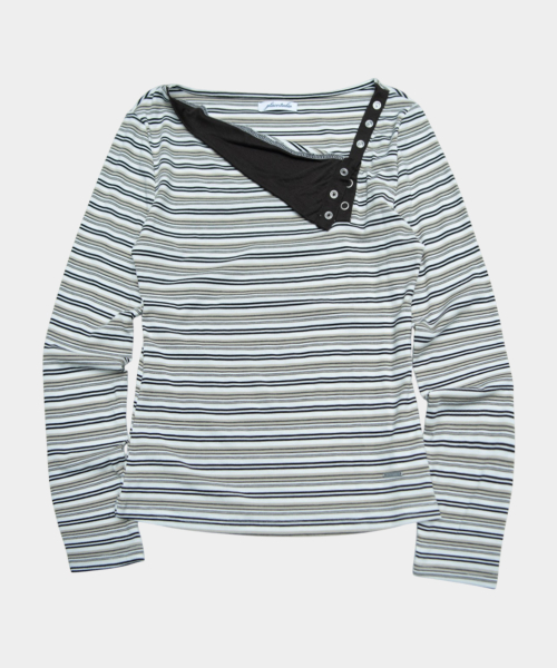 Women Cotton Long-Sleeve T Shirt With Multi-Stripe Diagonal Eyelet Detail [Beige]