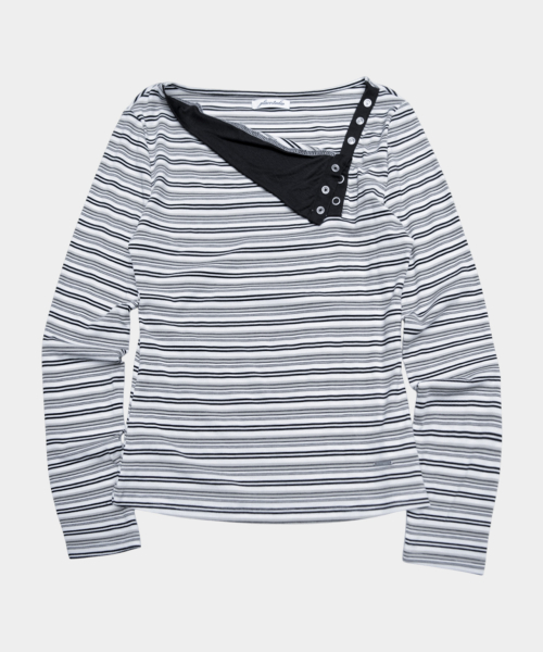 Multi-Stripe Diagonal Eyelet Detail Cotton Long-Sleeve Womens T Shirt [Black]