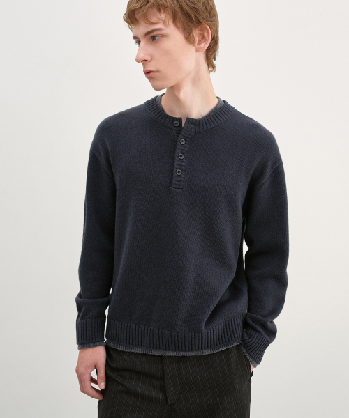 Double Layered Henley Neck Knit CHARCOAL