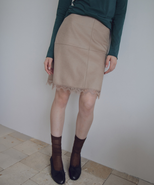 Lace Trim Leather Skirt_CTS640(Beige)