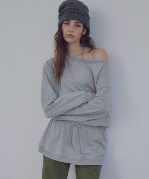 Off-Shoulder Drawstring Mini Dress_CTOP721(Melange Grey)