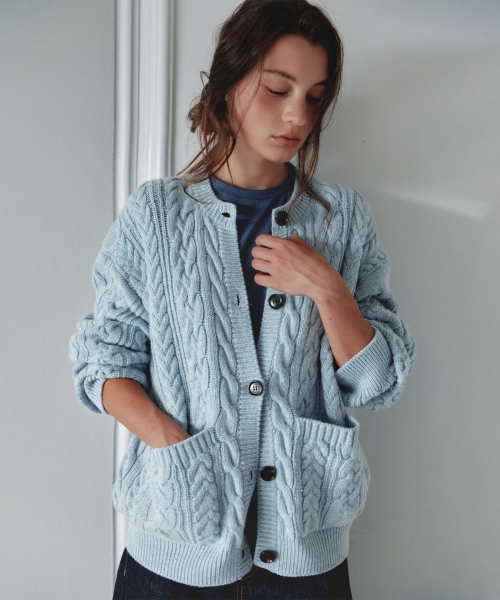 Wool Blend Arch Cable Oversized Cardigan_CTK283(Blue)