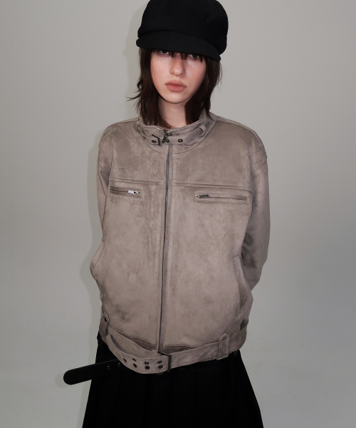 Eyelet Belt Detail Oversized High-Neck Suede Two-Way Zip-Up Jacket _2COLOR