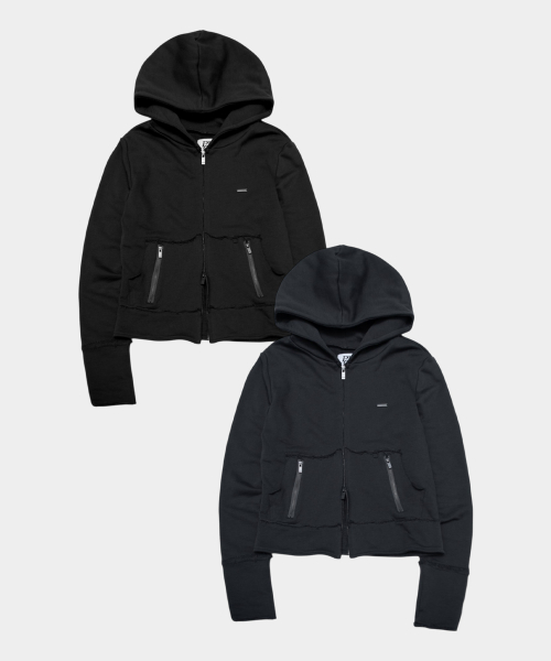 Distressed Daily Pocket Zip With Logo Detail Semi-Crop Hoodie Zip Up Jacket_2COLOR