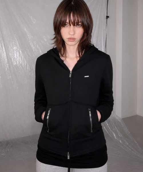 Distressed Daily Pocket Zip With Logo Detail Semi-Crop Hoodie Zip Up Jacket_2COLOR