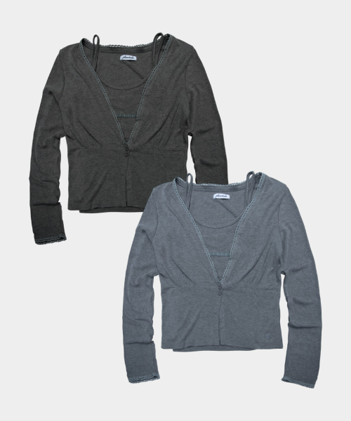 Layered Lace Detail Slim-Fit Long-Sleeve Cardigans & Tank Top 2pcs Homewear Set _2COLOR