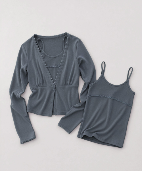 Layered Lace Detail Slim-Fit Long-Sleeve Cardigans & Tank Top 2pcs Homewear Set _2COLOR
