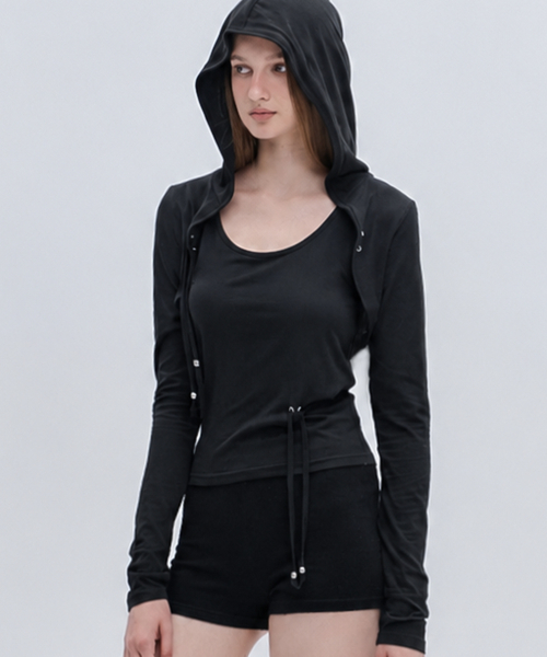 Eyelet Strap Ball Embellished Long-Sleeve Hoodie Bolero Cardigans Tank 2pcs Homewear Set_2COLOR