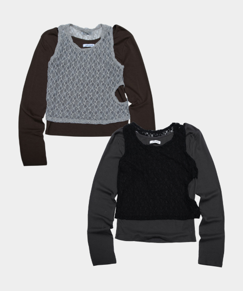 Womens Color-Block Lace Layered Tank & Long Sleeve Slim Fit T Shirt Homewear Set_2COLOR
