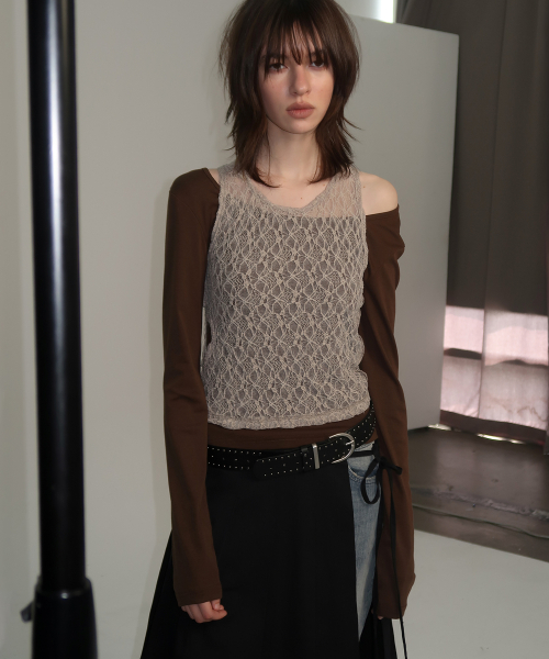 Womens Color-Block Lace Layered Tank & Long Sleeve Slim Fit T Shirt Homewear Set_2COLOR