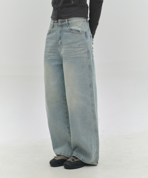 Daily Vintage Rivet-Detail Signature Wash Wide Casual Denim Pants_2COLOR