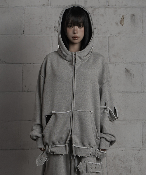 Belted Raw Edge Hood Zip-Up (Melange Gray)