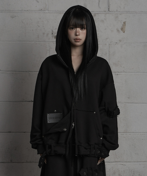 Belted Raw Edge Hood Zip-Up (Black)