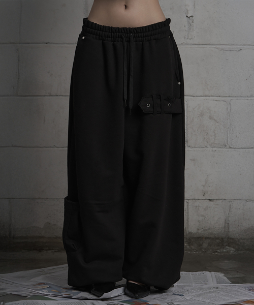 Belted Raw Edge Wide Pants (Black)