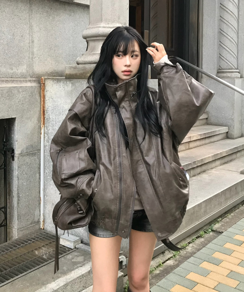 Panel Pocket Leather Bomber (Brown)