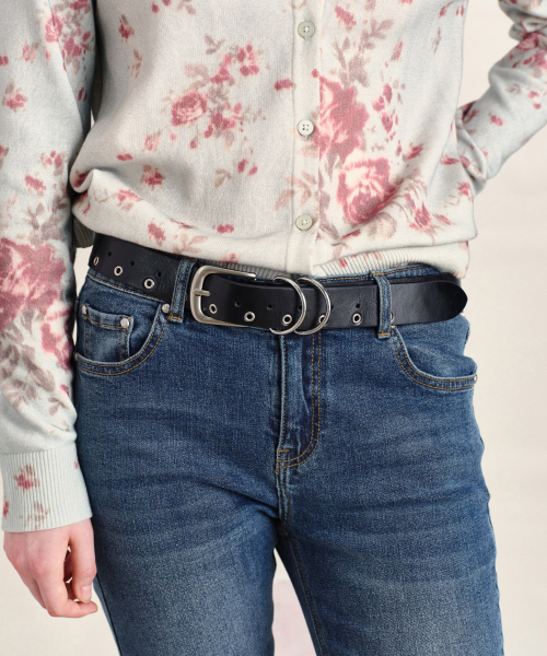 COW LEATHER EYELET BELT, BLACK