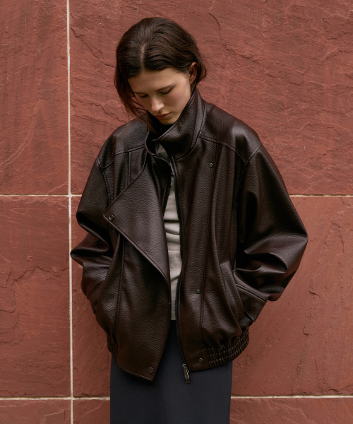 Leather Funnel Neck Jacket[LMBFAUJK122]-Chocolate Brown