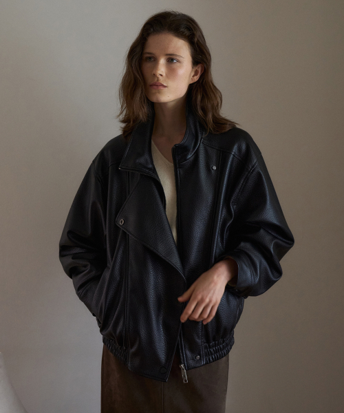 Leather Funnel Neck Jacket[LMBFAUJK122]-Black