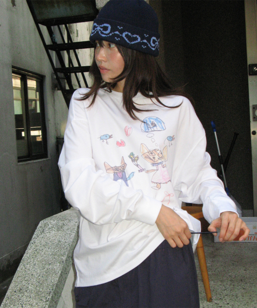KIDS CAT DOODLE LONG SLEEVE WHITE