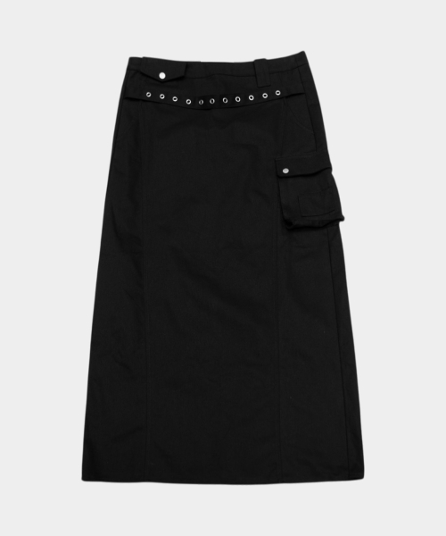 Multi-Pocket Eyelet Belted Layered Detail H-Line Cargo Long Skirts [Black]