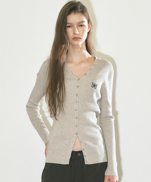 BUTTERFLY BUTTON SLIM KNIT CARDIGAN_SAND GRAY