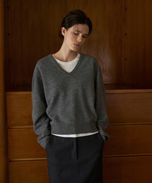 Wholegarment Wool 100 V-Neck Knit Top[LMBFAUKN311]-Deep Gray