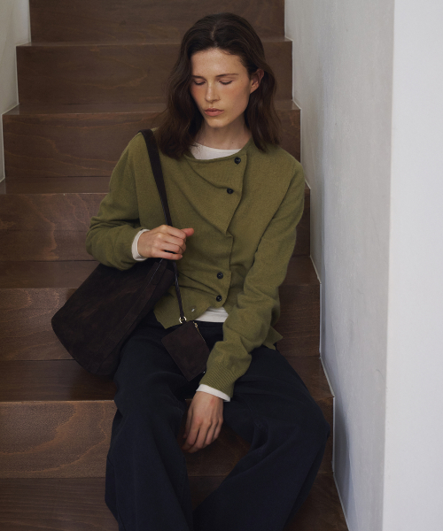 Diagonal Button Knit Cardigan[LMBFAUKN313]-Olive