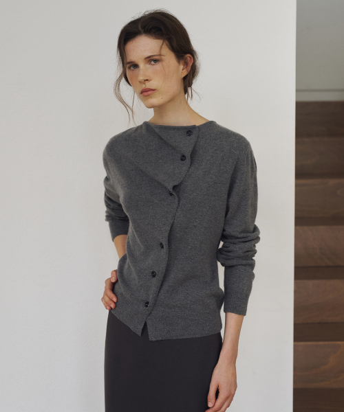 Diagonal Button Knit Cardigan[LMBFAUKN313]-Charcoal