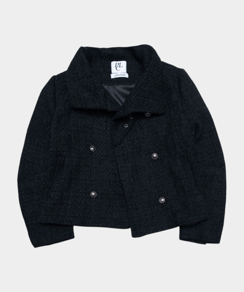 Tweed High-Neck Eyelet Belted Button-Detail Basic Short Coat Jacket [Black]