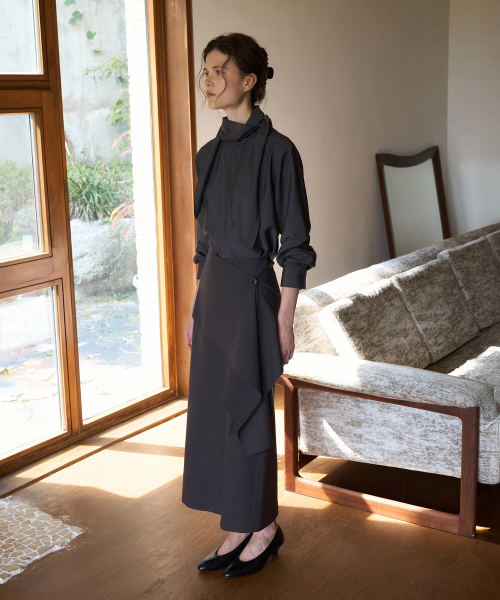 Drape Wrap Maxi Skirt[LMBFAUSK423]-Smoke Charcoal