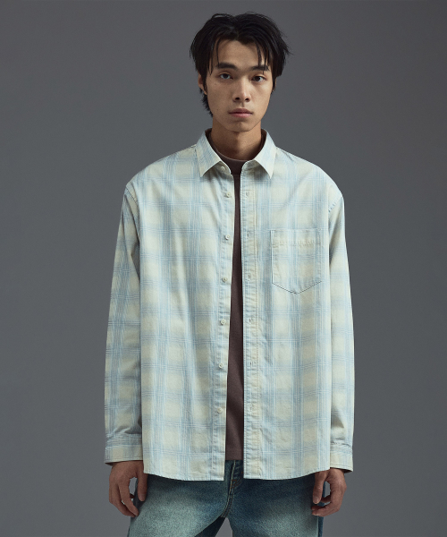 Digital Print Washed Check Shirts Ivory